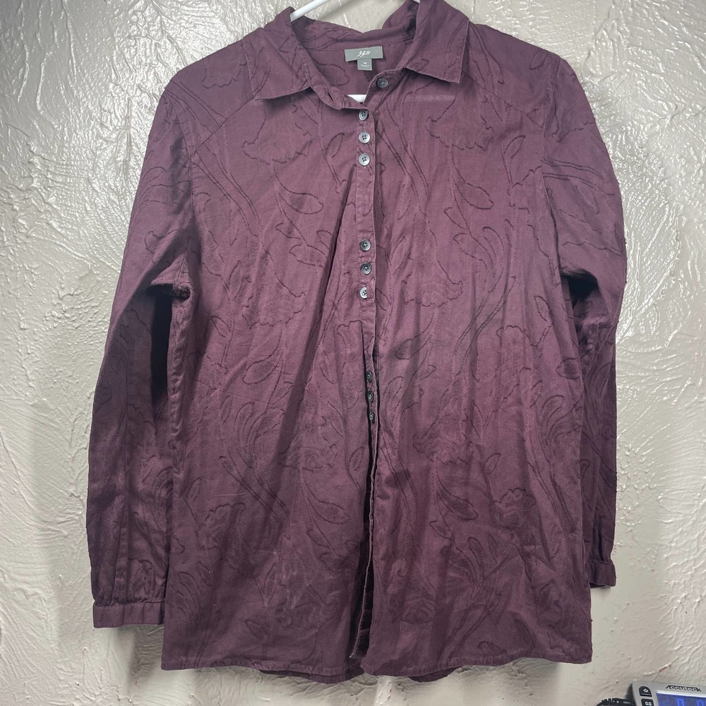 J Jill Button Up Shirt Blouse Dark Purple Plum Textured‎ Floral size Medium